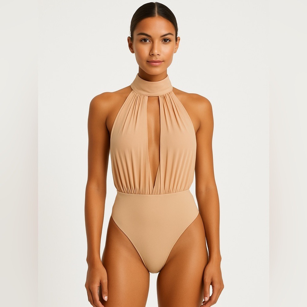 Misha Collection Nude Bodysuit Size S EUC Halter Neck Bodysuit NWT